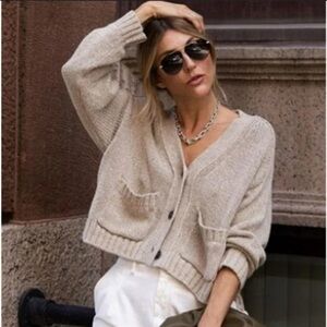 Brochu Walker Women's Cream Oatmeal Crop Linen Blend Cardigan Ecru Sweater Med